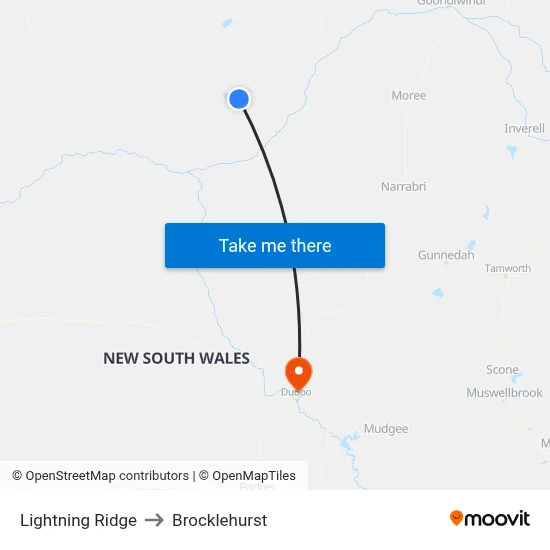 Lightning Ridge to Brocklehurst map