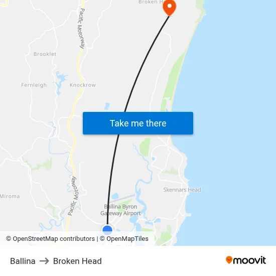 Ballina to Broken Head map