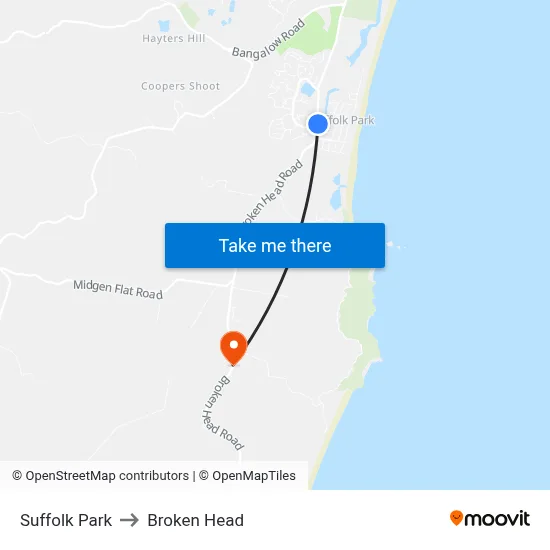 Suffolk Park to Broken Head map