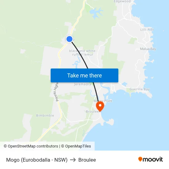 Mogo (Eurobodalla - NSW) to Broulee map