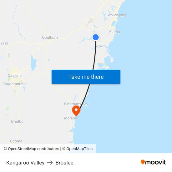 Kangaroo Valley to Broulee map