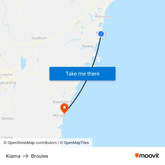 Kiama to Broulee map