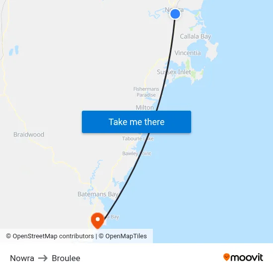 Nowra to Broulee map