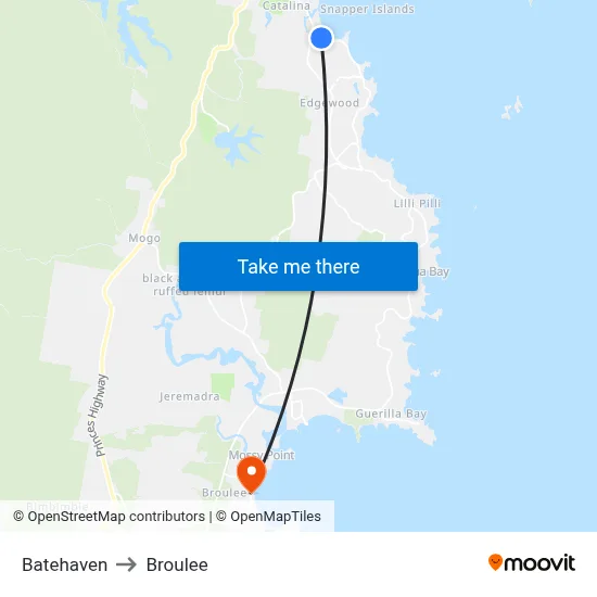 Batehaven to Broulee map