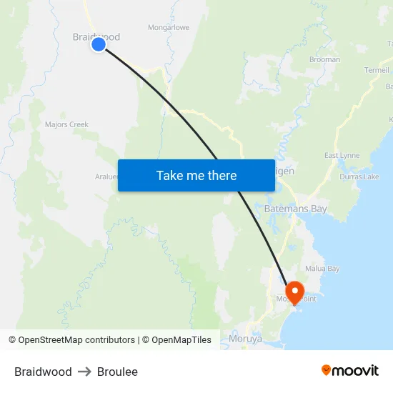 Braidwood to Broulee map