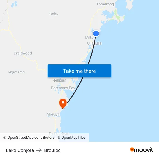 Lake Conjola to Broulee map