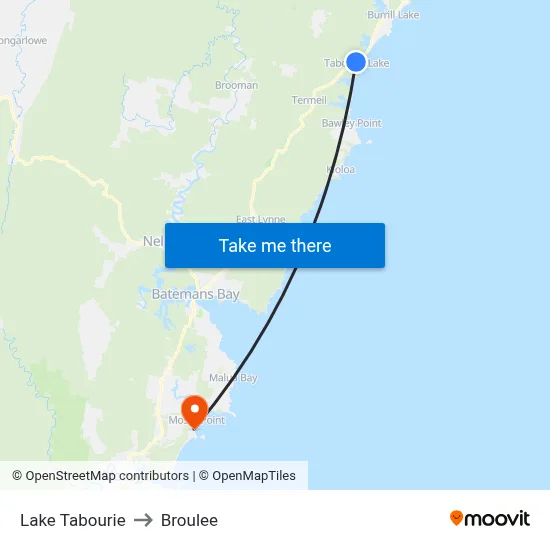 Lake Tabourie to Broulee map