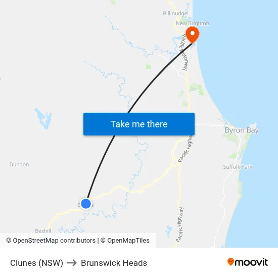 Clunes (NSW) to Brunswick Heads map