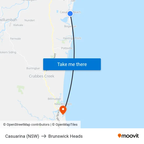 Casuarina (NSW) to Brunswick Heads map