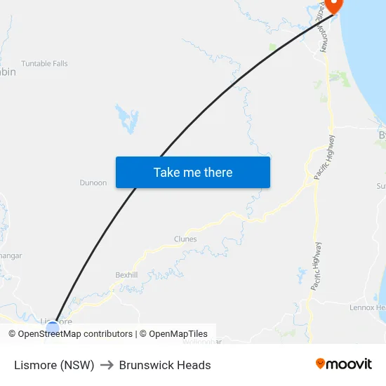 Lismore (NSW) to Brunswick Heads map
