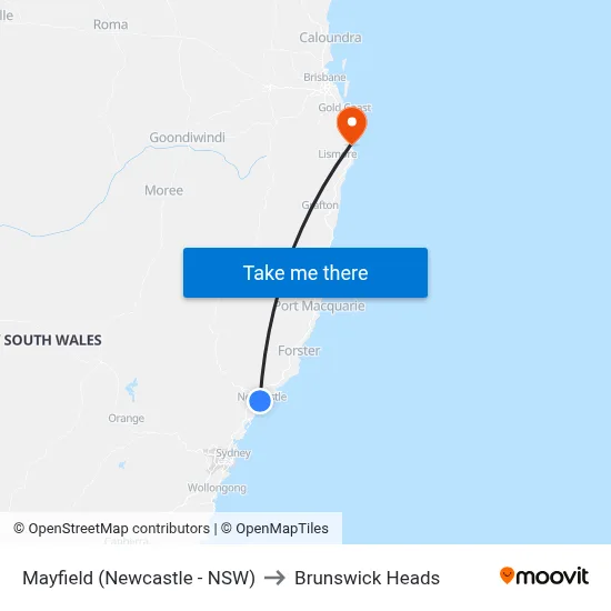Mayfield (Newcastle - NSW) to Brunswick Heads map