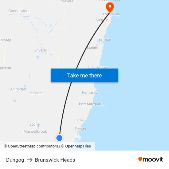 Dungog to Brunswick Heads map