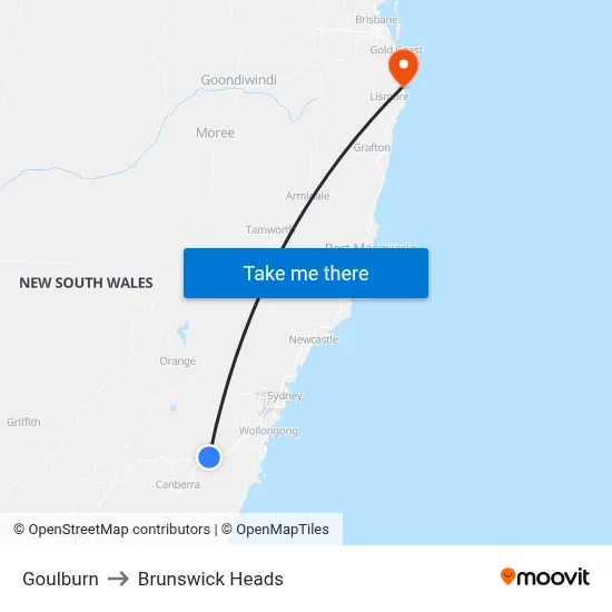 Goulburn to Brunswick Heads map