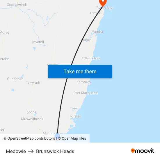 Medowie to Brunswick Heads map