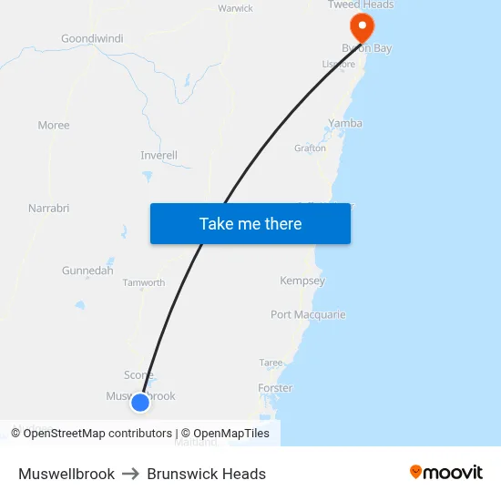 Muswellbrook to Brunswick Heads map