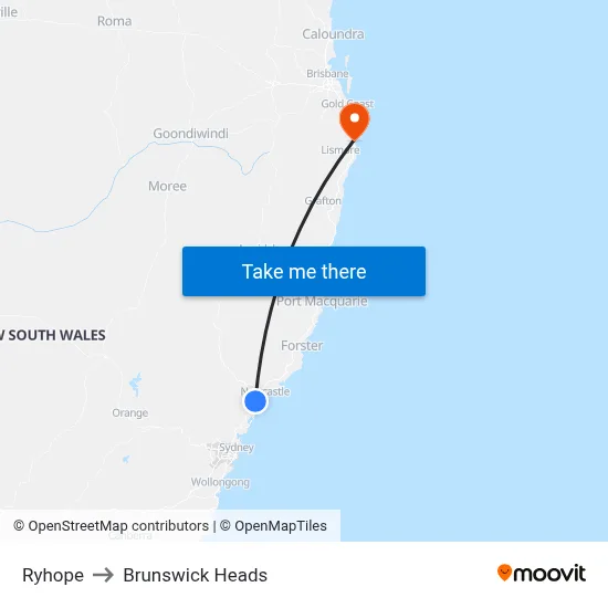 Ryhope to Brunswick Heads map