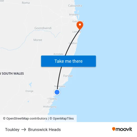 Toukley to Brunswick Heads map