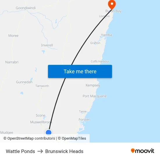 Wattle Ponds to Brunswick Heads map