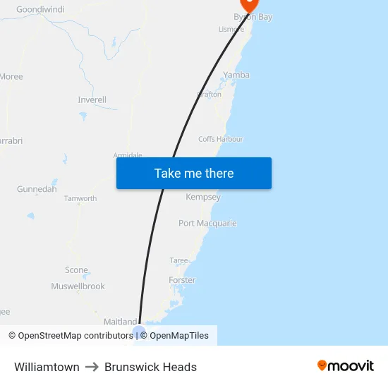 Williamtown to Brunswick Heads map