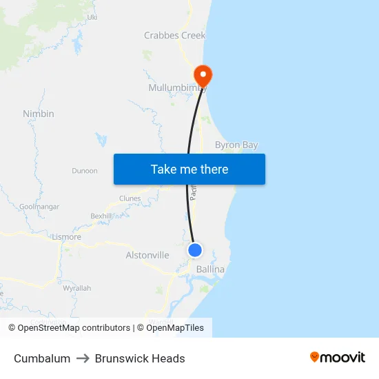 Cumbalum to Brunswick Heads map