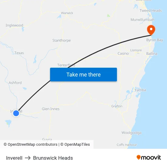 Inverell to Brunswick Heads map