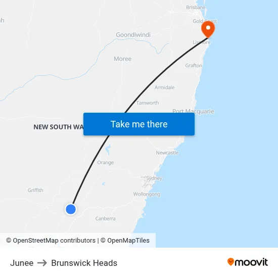 Junee to Brunswick Heads map