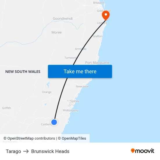Tarago to Brunswick Heads map