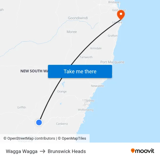 Wagga Wagga to Brunswick Heads map