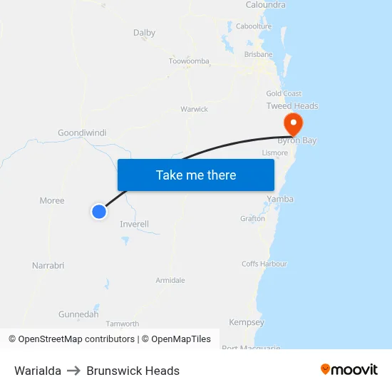 Warialda to Brunswick Heads map