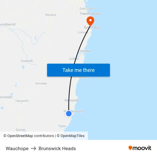 Wauchope to Brunswick Heads map
