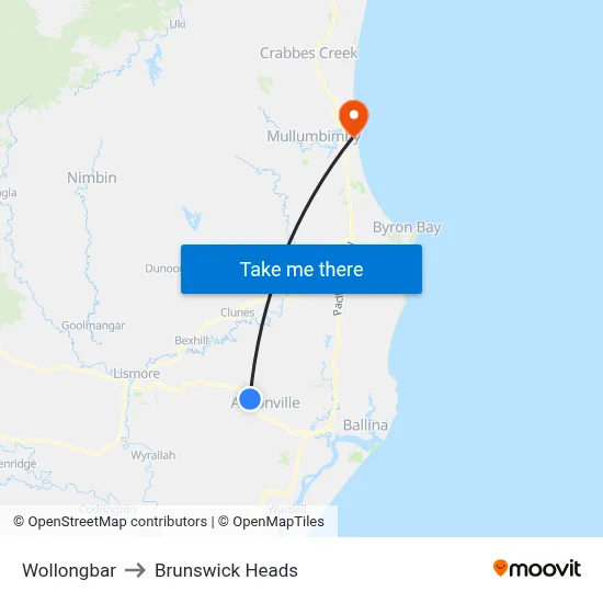 Wollongbar to Brunswick Heads map