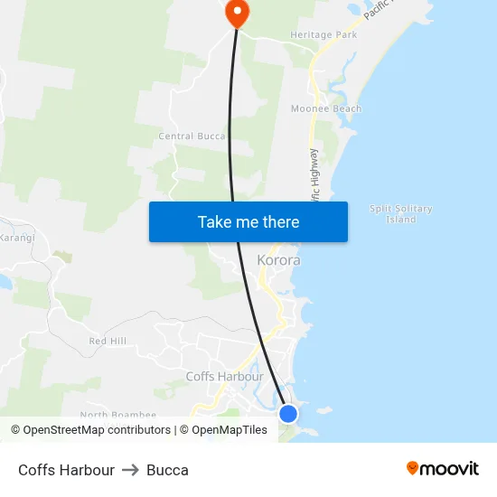 Coffs Harbour to Bucca map