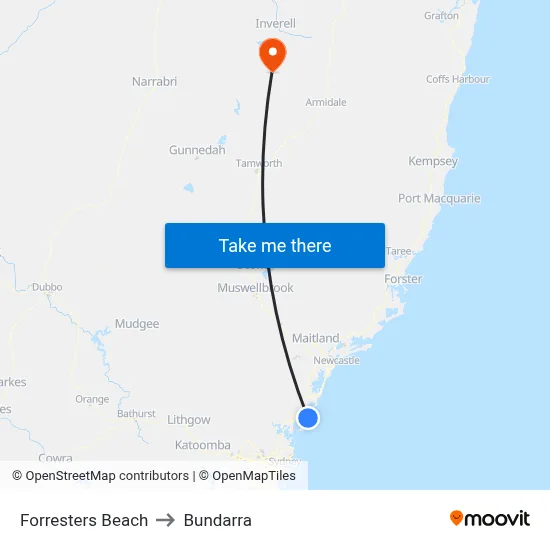 Forresters Beach to Bundarra map