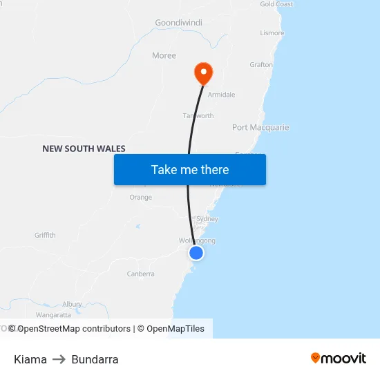 Kiama to Bundarra map