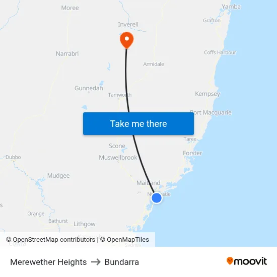 Merewether Heights to Bundarra map