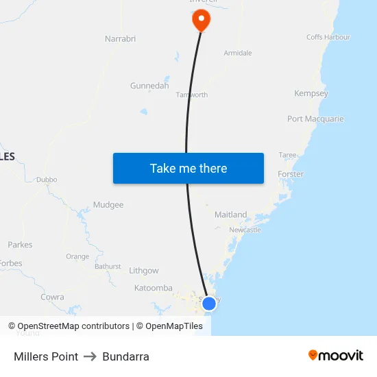 Millers Point to Bundarra map