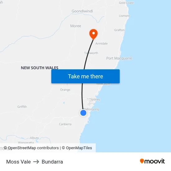Moss Vale to Bundarra map
