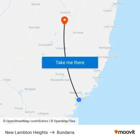 New Lambton Heights to Bundarra map