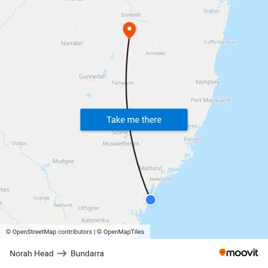 Norah Head to Bundarra map