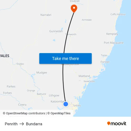 Penrith to Bundarra map