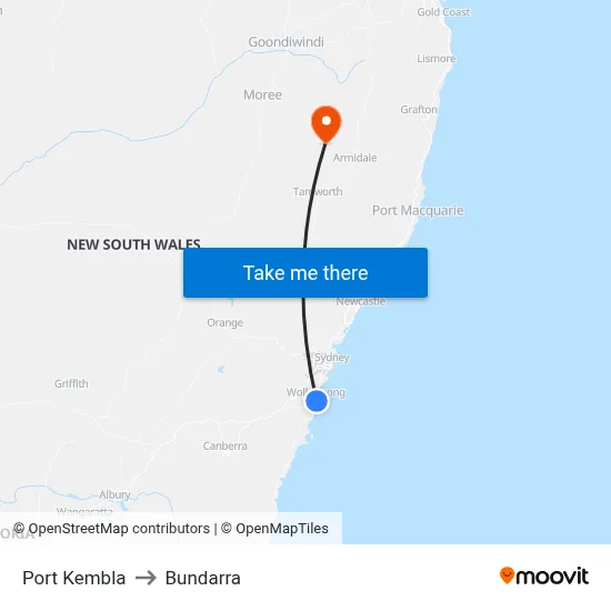 Port Kembla to Bundarra map