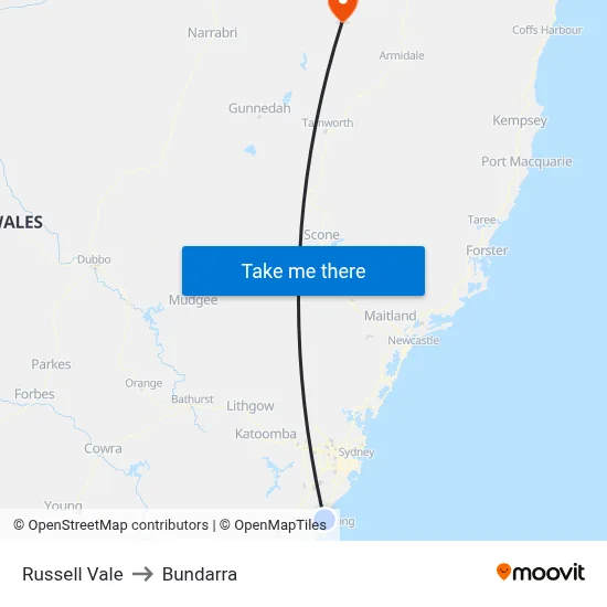 Russell Vale to Bundarra map
