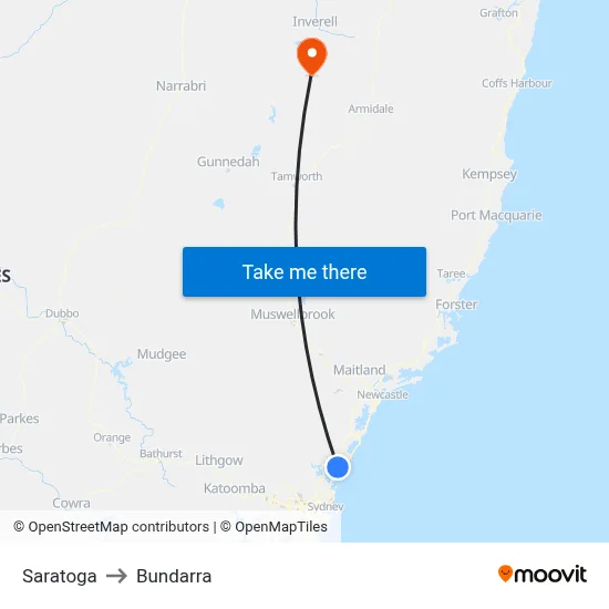 Saratoga to Bundarra map