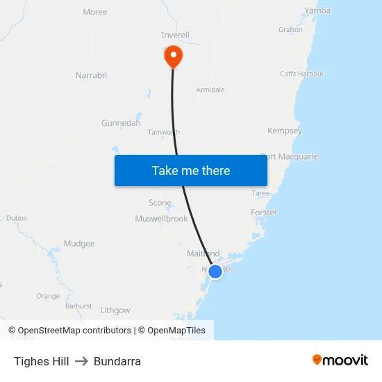 Tighes Hill to Bundarra map