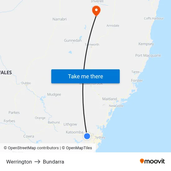 Werrington to Bundarra map