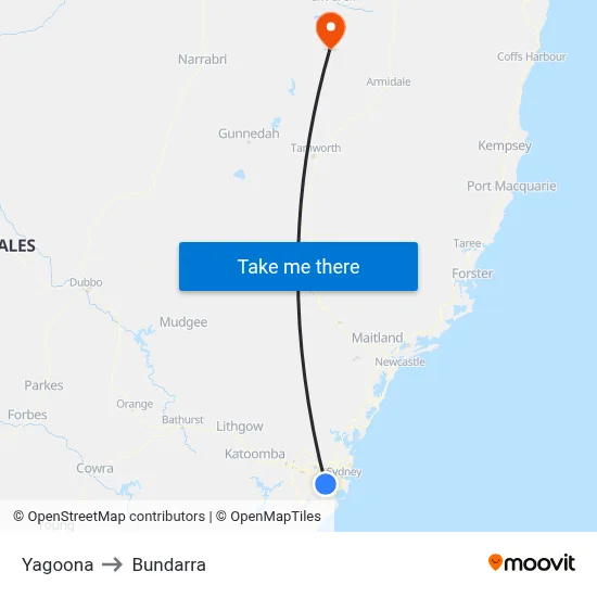 Yagoona to Bundarra map