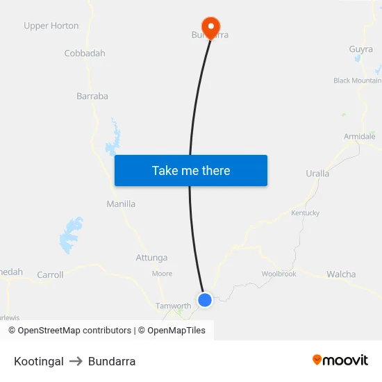 Kootingal to Bundarra map