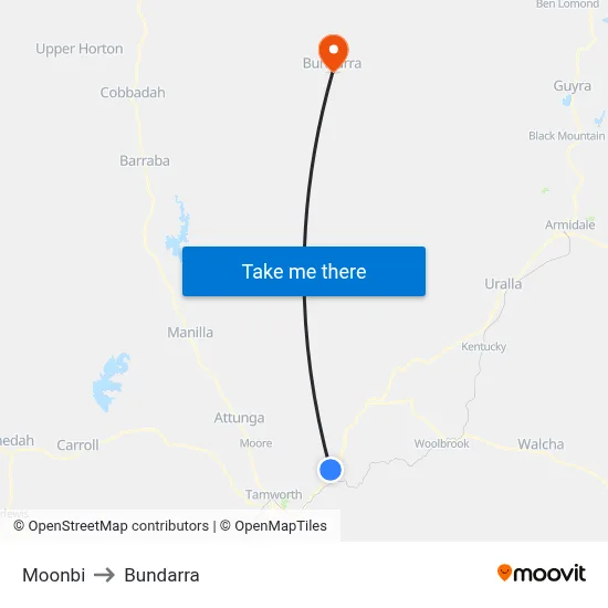 Moonbi to Bundarra map