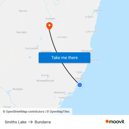 Smiths Lake to Bundarra map