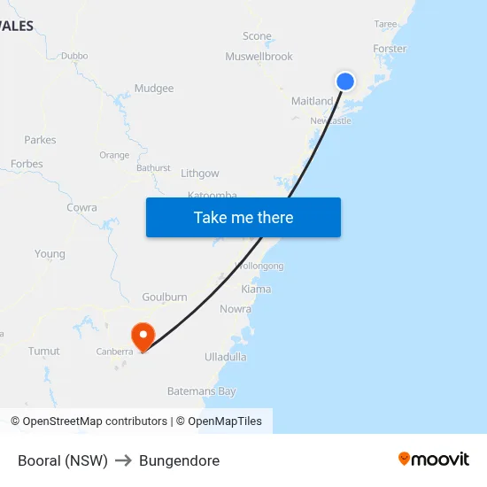Booral (NSW) to Bungendore map